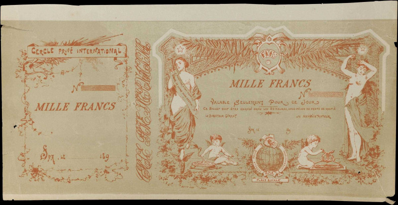 BELGIUM. Cercle Prive International. 1000 Francs, 189x. P-Unlisted.
Spa. A wond...