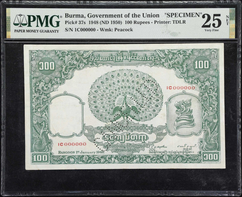 BURMA. Government of the Union of Burma. 100 Rupees, 1948 (ND 1950). P-37s. Spec...