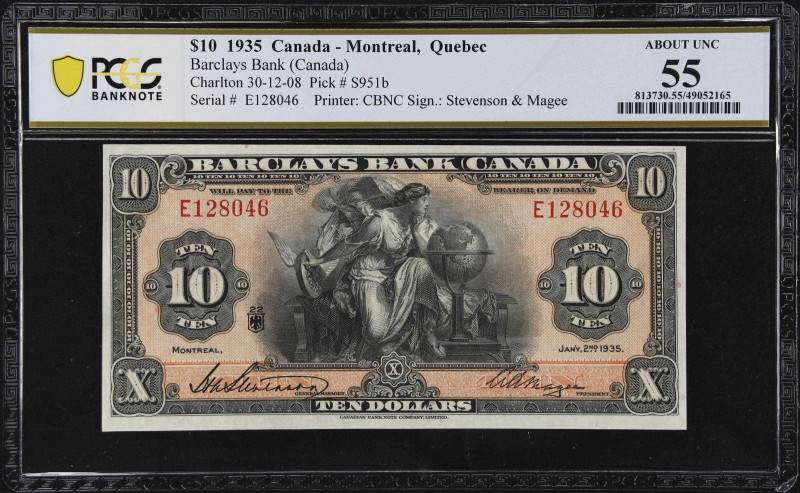 CANADA. Barclays Bank. 10 Dollars, 1935. CH #30-12-08. PCGS Banknote About Uncir...