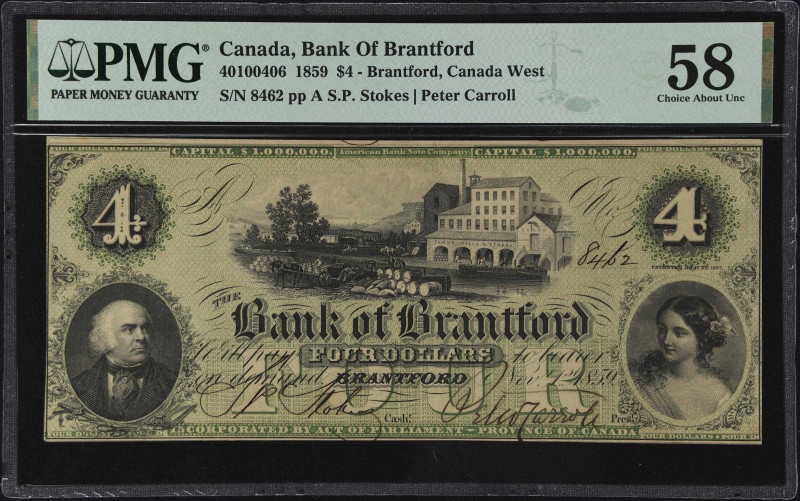 CANADA. Bank of Brantford. 4 Dollars, 1859. CH #40-10-04-06. PMG Choice About Un...