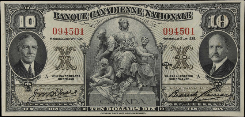 CANADA. Banque Canadienne Nationale. 10 Dollars, 1935. CH #85-14-04. About Uncir...