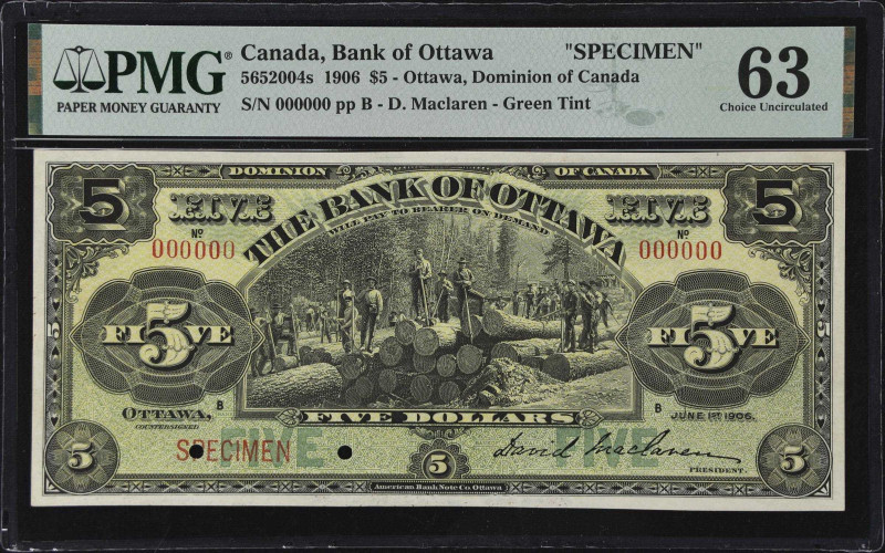 CANADA. Bank of Ottawa. 5 Dollars, 1906. CH #565-20-04s. Specimen. PMG Choice Un...