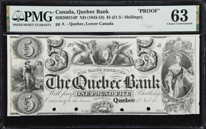 CANADA. Quebec Bank. 5 Dollars (1 Pound 5 Shillings), ND (1843-53). CH# 620-28-0...