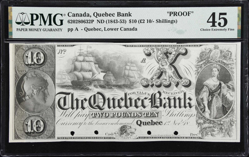 CANADA. Quebec Bank. 10 Dollars (2 Pounds 10 Shillings), ND (1843-53). CH# 620-2...