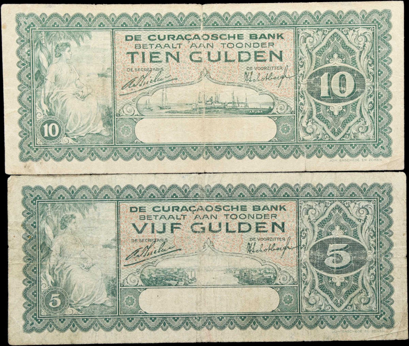 CURACAO. Lot of (2). Curacaosche Bank. 5 & 10 Gulden, 1930. P-15 & 16. Fine.
2 ...