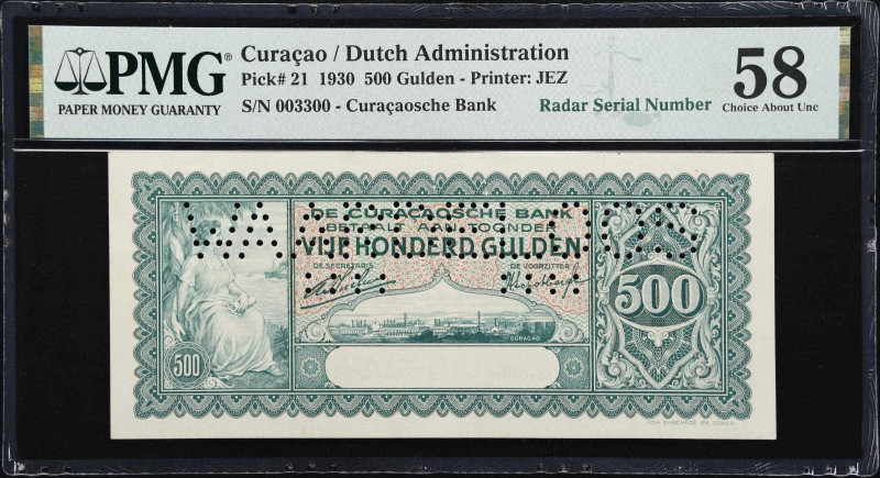 CURACAO. Curacaosche Bank. 500 Gulden, 1930. P-21. Radar Serial Number. PMG Choi...