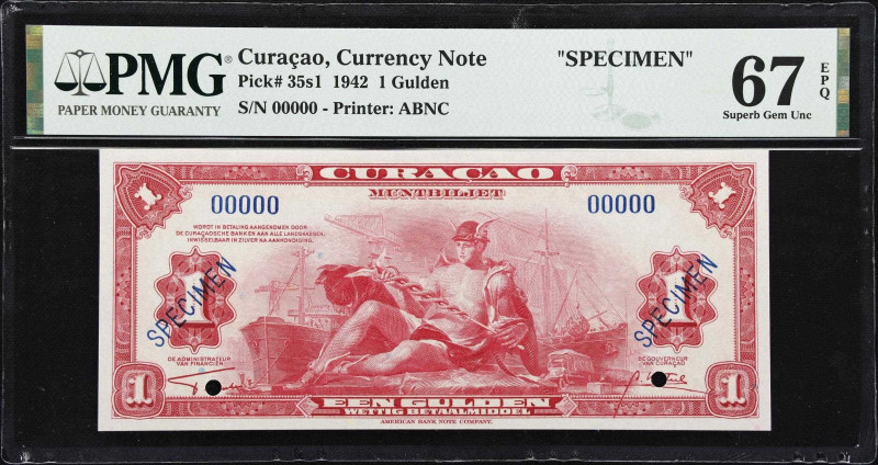 CURACAO. Muntbiljet. 1 Gulden, 1942. P-35s1. Specimen. PMG Superb Gem Uncirculat...