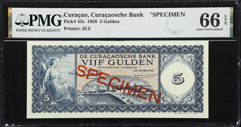 CURACAO. Curacaosche Bank. 5 Gulden, 1958. P-45s. Specimen. PMG Gem Uncirculated...