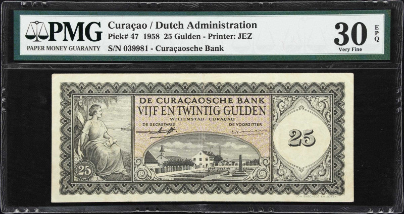 CURACAO. Curacaosche Bank. 25 Gulden, 1958. P-47. PMG Very Fine 30 EPQ.
Like ot...