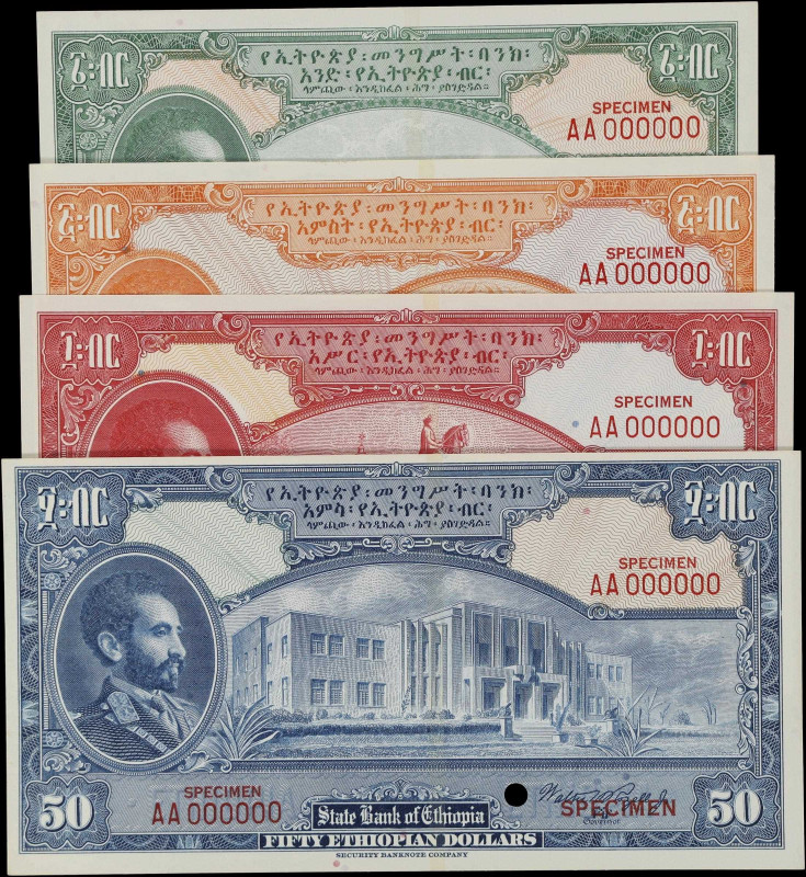 ETHIOPIA. Lot of (4). State Bank of Ethiopia. 1, 5, 10, & 50 Dollars, ND (1945)....