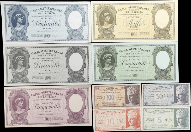 GREECE. Lot of (9). Cassa Mediterranea per la Grecia. 5 to 20,000 Dracme, ND (19...