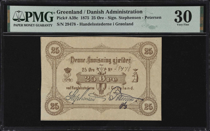 GREENLAND. Handelsstederne i Gronland. 25 Ore, 1875. P-A39c. PMG Very Fine 30.
...