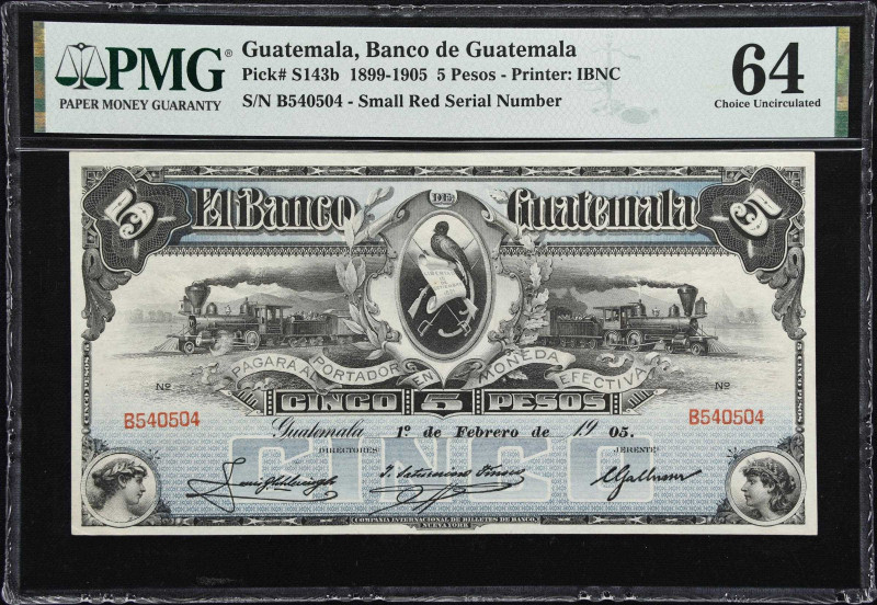 GUATEMALA. Banco de Guatemala. 5 Pesos, 1905. P-S143b. PMG Choice Uncirculated 6...