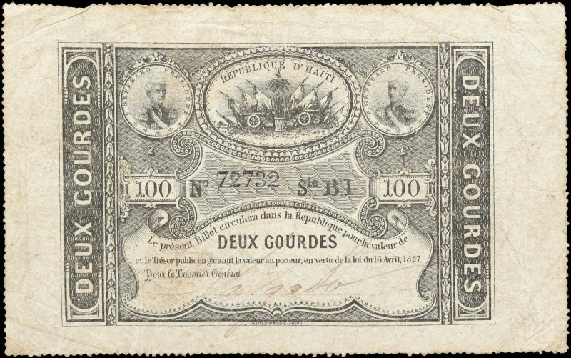 HAITI. Republique d'Haiti. 2 Gourdes, 1827. P-42. Very Fine.
Printed by W&S. Ha...