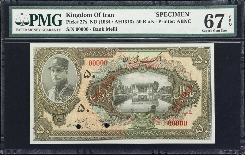 IRAN. Bank Melli Iran. 50 Rials, ND (1934). P-27s. Specimen. PMG Superb Gem Unci...