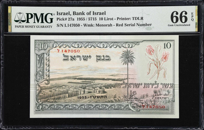 ISRAEL. Bank of Israel. 10 Lirot, 1955. P-27a. PMG Gem Uncirculated 66 EPQ.
Vig...