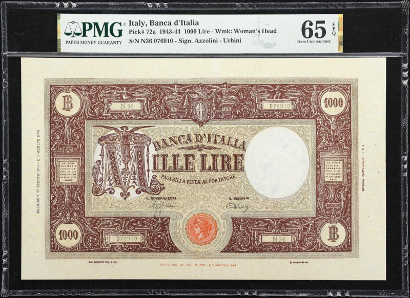 ITALY. Banca d'Italia. 1000 Lire, 1944. P-72a. PMG Gem Uncirculated 65 EPQ.
Azz...