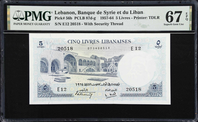 LEBANON. Banque de Syrie et du Liban. 5 Livres, 1964. P-56b. PMG Superb Gem Unci...