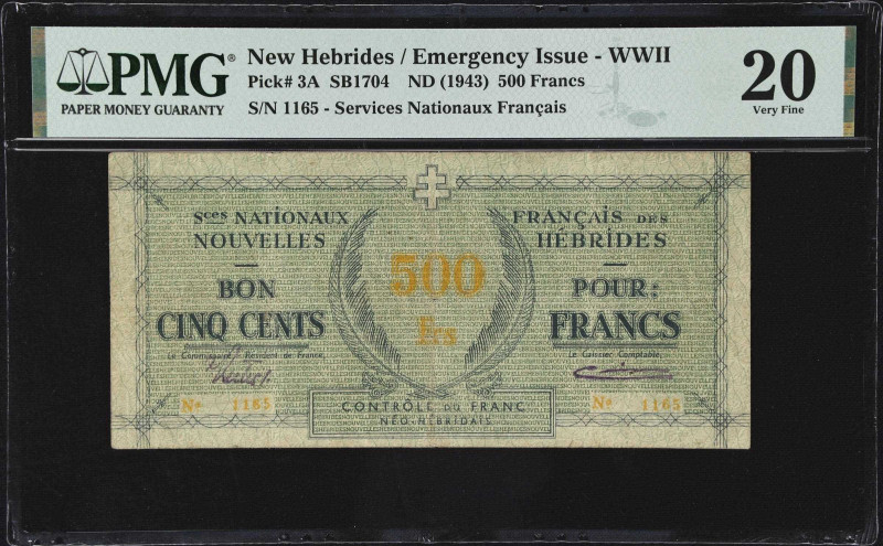 NEW HEBRIDES. Services Nationaux Francais des Nouvelles Hebrides. 500 Francs, ND...