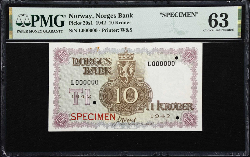 NORWAY. Norges Bank. 10 Kroner, 1942. P-20s1. Specimen. PMG Choice Uncirculated ...