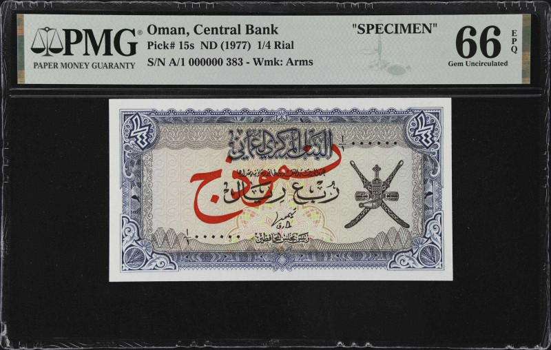 OMAN. Central Bank of Oman. 1/4 Rial, ND (1977). P-15s. Specimen. PMG Gem Uncirc...