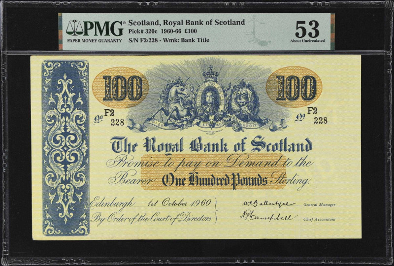 SCOTLAND. Royal Bank of Scotland. 100 Pounds, 1960. P-320c. PMG About Uncirculat...