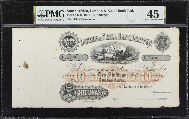 SOUTH AFRICA. London & Natal Bank Limited. 10 Shillings, 1864. P-S451r. Remainde...