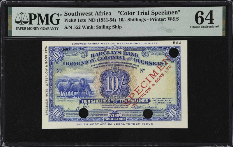 SOUTHWEST AFRICA. Barclays Bank. 10 Shillings, ND (1931-54). P-1cts. Color Trial...