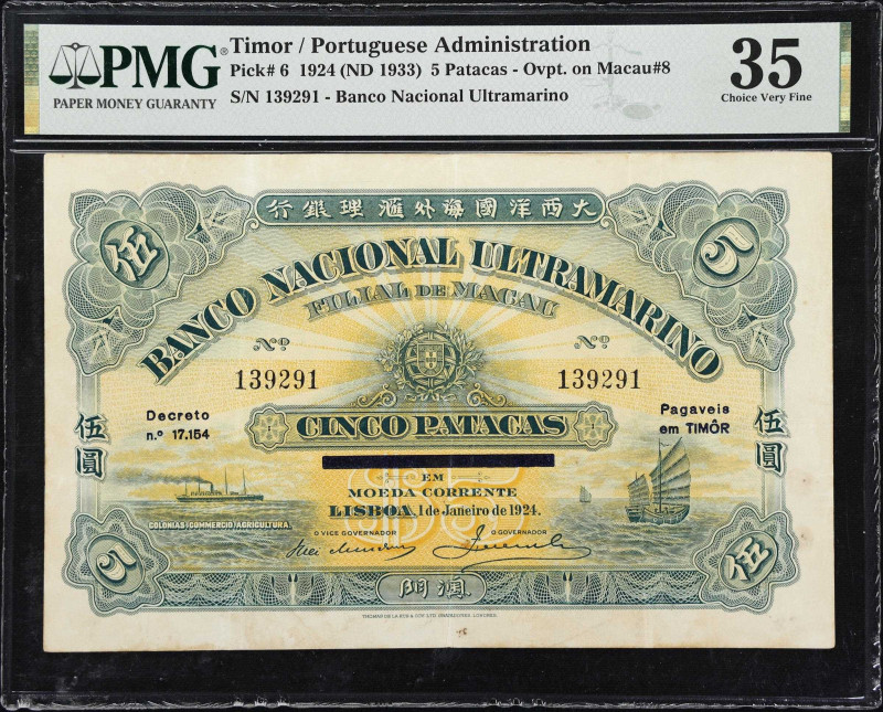 TIMOR. Banco Nacional Ultramarino. 5 Patacas, 1924 (ND 1933). P-6. PMG Choice Ve...