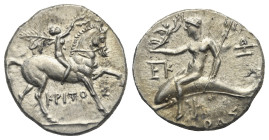 CALABRIA. Tarentum. Punic occupation, circa 212-209 BC. Kritos magistrate. Half Shekel (Silver, 19.58 mm, 3.64 g). KPITOΣ Nude youth on horseback righ...