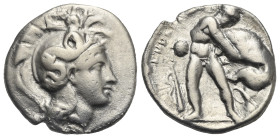 LUCANIA, Herakleia. Circa 390-340 BC. Nomos (Silver, 22.03 mm, 7.51 g). Head of Athena right, wearing Corinthian helmet decorated with Skylla holding ...