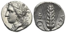 LUCANIA. Metapontion. Circa 330-290 BC. Stater (Silver, 19.41 mm, 7.95 g), LY magistrate. Wreathed head of Demeter left, wearing triple-pendant earrin...