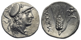 LUCANIA. Metapontion. Punic occupation, circa 215-207 BC. Half Shekel (Silver, 18.20 mm, 3.77 g) Head of Athena right wearing long crested corinthian ...