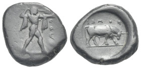 LUCANIA. Poseidonia, circa 470-445 BC. Stater (Silver, 18.88 mm, 8.10 g). Poseidon advancing to right, wielding trident; ΠΟM[Ε] retrograde and downwar...