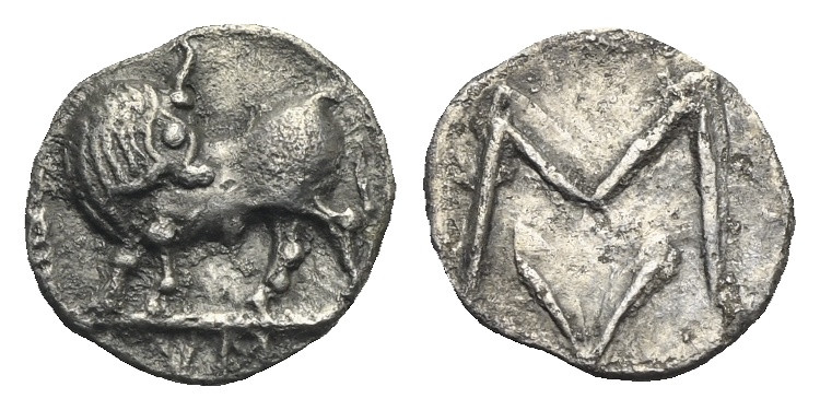 LUCANIA. Sybaris. Circa 550-510 BC. Obol (Silver, 9.15 mm, 0.36 g). Bull standin...