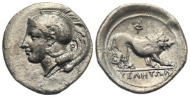 LUCANIA. Velia. Circa 340-334 BC. Stater (Silver, 24.66 mm, 7.31 g). Head of Athena to left, wearing crested Attic helmet decorated with griffin; P wi...