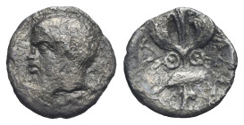 SICILY. Katane, circa 461-450 BC. Litra (Silver, 10.79 mm, 0.62 g). Head of Silenos to left, balding, with an animal ear, and a long beard extending t...