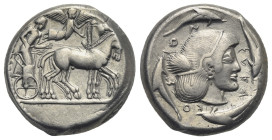 SICILY. Syracuse. Deinomenid Tyranny, 485-466 BC. Struck under Hieron I, circa 475-470 BC. Tetradrachm (Silver, 23.09 mm, 17.18 g). Charioteer driving...