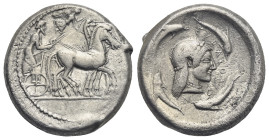 SICILY. Syracuse. Deinomenid Tyranny, 485-466 BC. Struck under Hieron I, circa 480-475 BC. Tetradrachm (Silver, 24.82 mm, 16.75 g) Charioteer driving ...