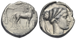 SICILY. Syracuse. Second Democracy, 466-405 BC. Tetradrachm (Silver, 26.15 mm, 15.87 g). Circa 430-420 BC. Charioteer driving walking quadriga right, ...
