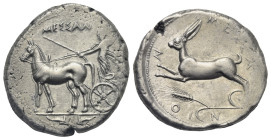 SICILY. Zankle-Messana. Circa 420-413 BC. Tetradrachm (Silver, 28.74 mm, 17.18 g) MEΣΣΑΝ above. The nymph Messana standing draped left, driving mule b...