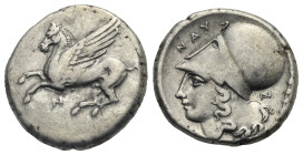 AKARNANIA. Anaktorion. Circa 350-300 BC. Stater (Silver, 20.57 mm, 8.42 g). Pegasos flying to left; below, monogram AN. Rev. Head of Athena to left, w...