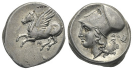 AKARNANIA. Anaktorion. Circa 320-280 BC. Stater (Silver, 20.47 mm, 8.42 g). ΑΝ (ligate) Pegasos flying to left with straight wings. Rev. API Head of A...