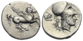 AKARNANIA. Leukas. 350-320 BC. Stater (Silver, 22.00 mm, 8.44 g). Pegasus flying right with straight wings; below, Λ. Rev. Head of Athena to right, we...