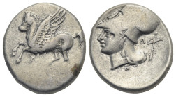 AKARNANIA. Leukas. Circa 320-280 BC. Stater (Silver, 20 mm, 8.50 g). Pegasos flying to left; below, Λ. Rev. Head of Athena to left, wearing Corinthian...