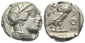 ATTICA. Athens. Circa 454-404 BC. Tetradrachm (Silver, 23.10 mm, 17.19 g). Head of Athena right, wearing crested Attic helmet, decorated with palmette...