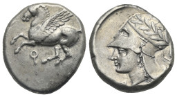 CORINTHIA. Corinth. Circa 375-300 BC. Stater (Silver, 19.83 mm, 8.56 g). Ϙ Pegasos flying left. Rev. Head of Athena to left, wearing laureate Corinthi...