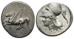 CORINTHIA. Corinth. 345-307 BC. Stater (Silver, 23.00 mm, 8.46 g). Pegasos flying to left; below, koppa. Rev. Head of Athena left, wearing Corinthian ...