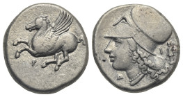 CORINTHIA. Corinth. Circa 345-307 BC. Stater (Silver, 19.93 mm, 8.59 g). Pegasos flying to left, below, Ϙ. Rev. Head of Athena to left, wearing Corint...