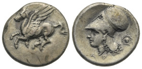 CORINTHIA. Corinth. Circa 345-307 BC. Stater (Silver, 22.07 mm, 8.51 g). Pegasos flying to left, below, Ϙ. Rev. Head of Athena to left, wearing laurea...